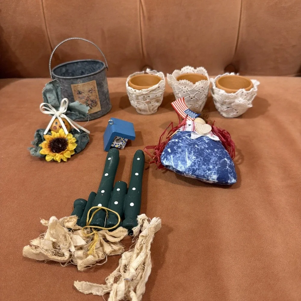 VTG Primitive Folk Art Decor Lot 8 Country Americana Doll Cactus Birdhouse Pots